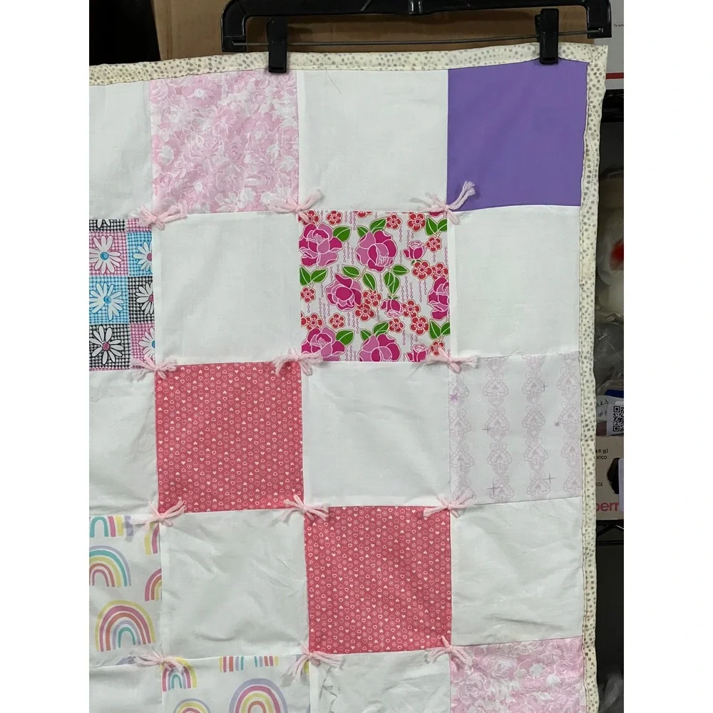 Handmade Pink Floral Rainbow Patchwork Tied Quilt Blanket Cottagecore 40x50